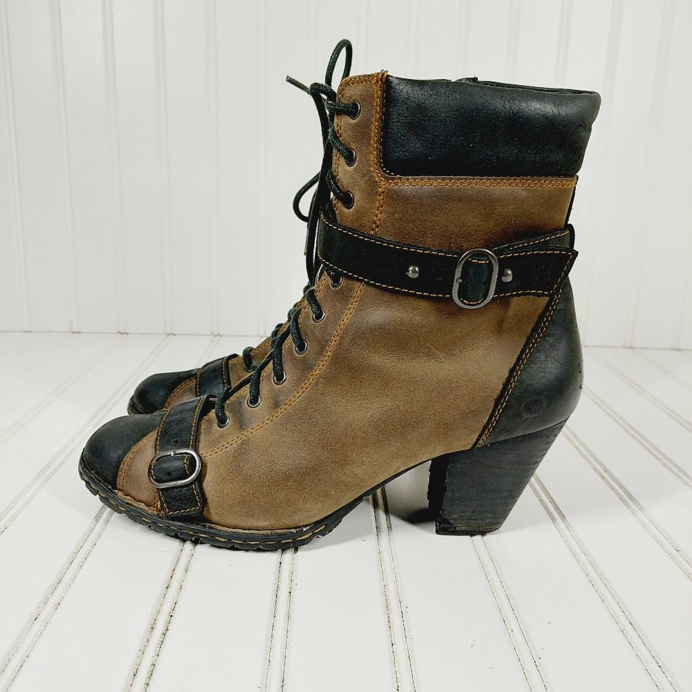Born ‘Carolina’ Brown-Tan Black Leather Lace-Up Side Zip Heeled Ankle Boots D203